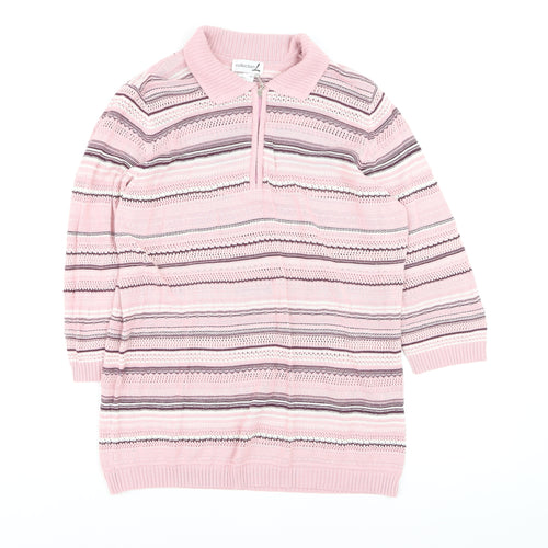 Collection L Women's Pink Striped Collared 3/4 Sleeve Knit Jumper Size 16