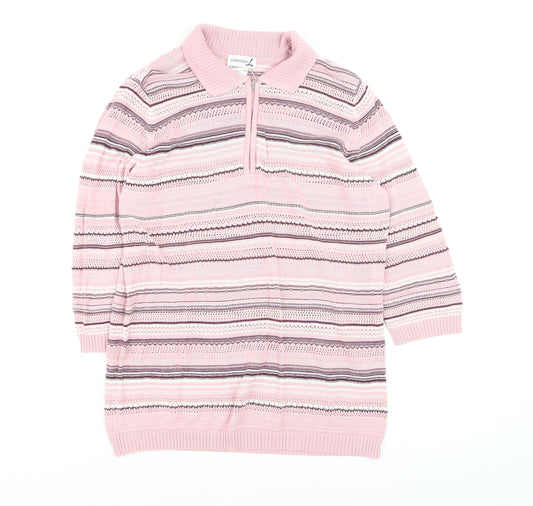 Collection L Women's Pink Striped Collared 3/4 Sleeve Knit Jumper Size 16