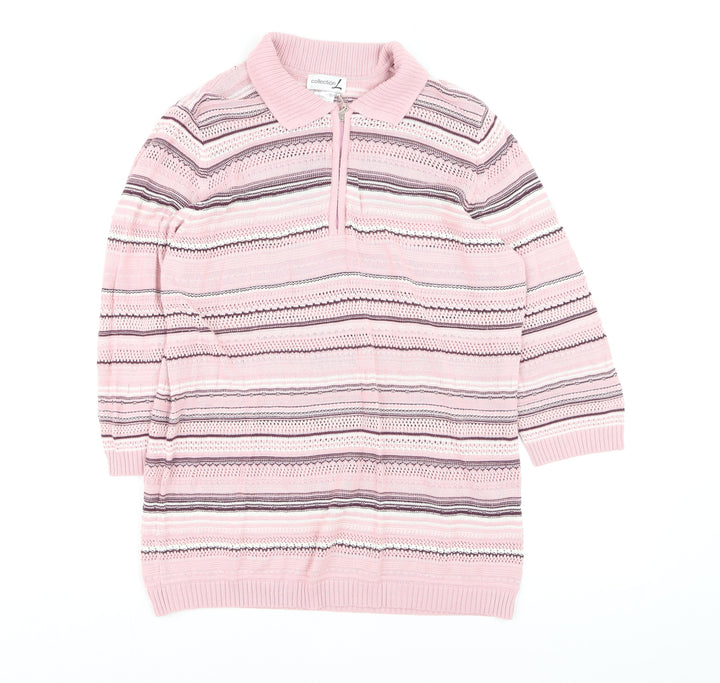 Collection L Women's Pink Striped Collared 3/4 Sleeve Knit Jumper Size 16