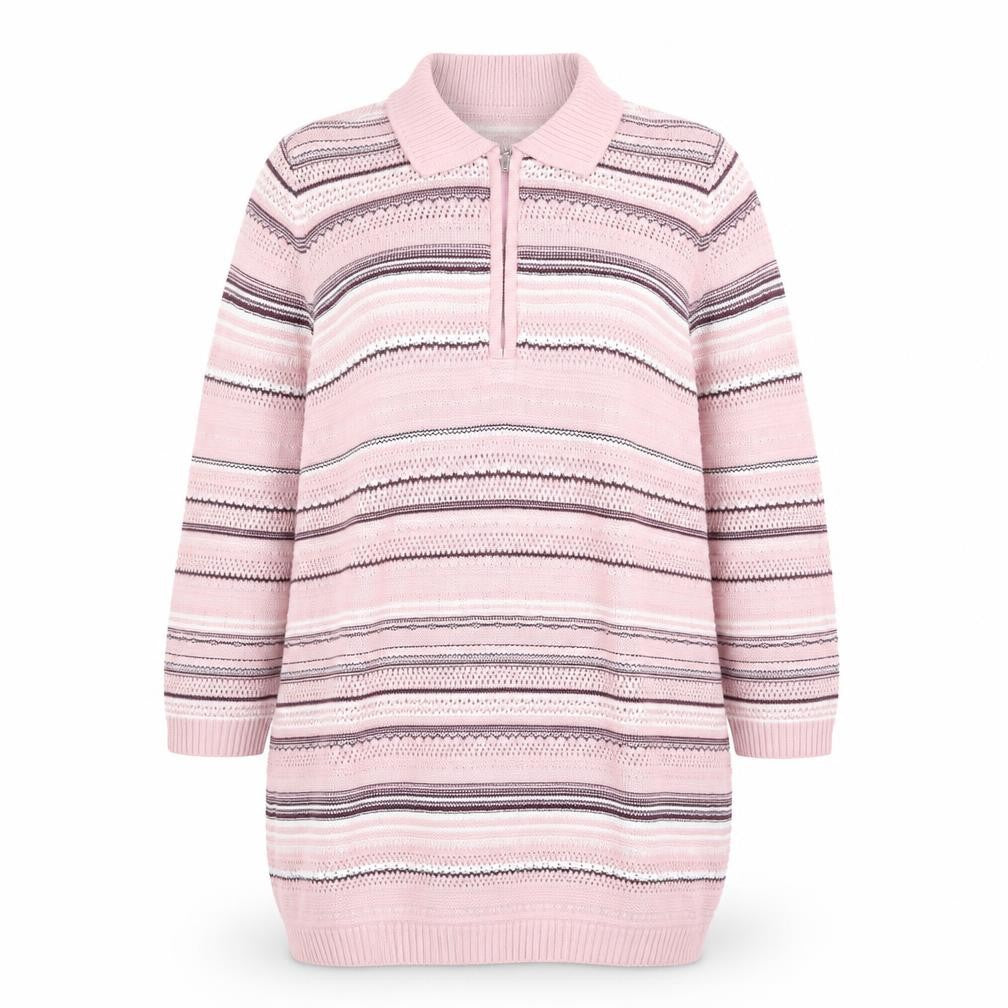 Collection L Women's Pink Striped Collared 3/4 Sleeve Knit Jumper Size 16