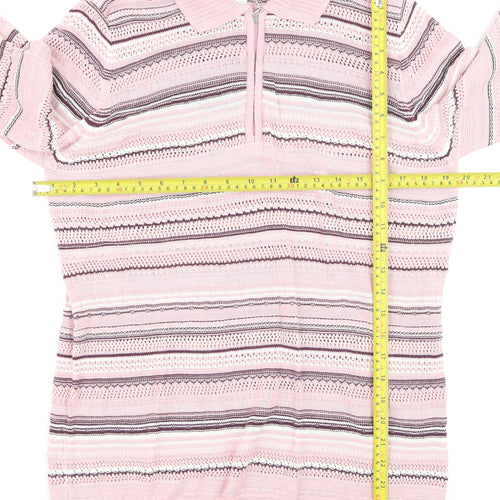 Collection L Women's Pink Striped Collared 3/4 Sleeve Knit Jumper Size 16