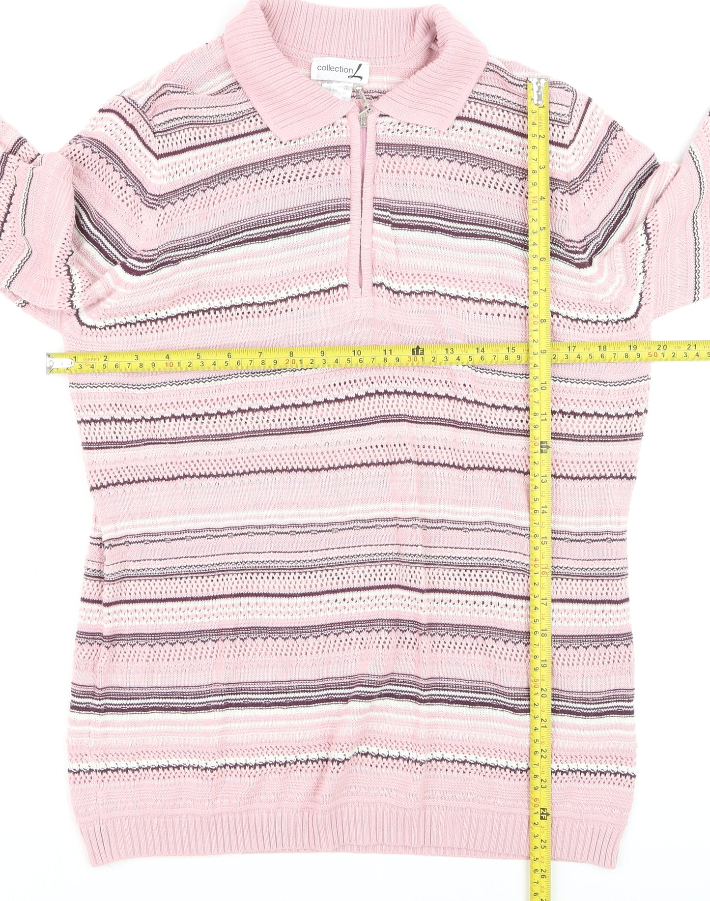 Collection L Women's Pink Striped Collared 3/4 Sleeve Knit Jumper Size 16