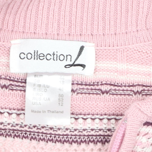 Collection L Women's Pink Striped Collared 3/4 Sleeve Knit Jumper Size 16