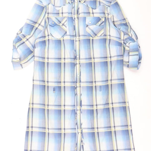 Oasis Women Blue Plaid Button-Up Tunic Shirt Size 12