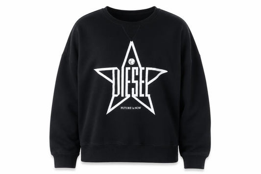 Front view of Diesel women’s black m pullover sweatshirt star logo crew neck