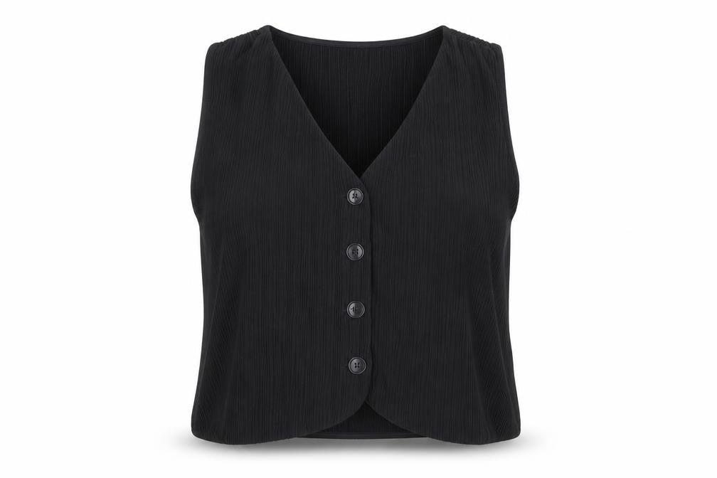 Front view of Savida Women's Black Cropped Sleeveless Blouse, size 16