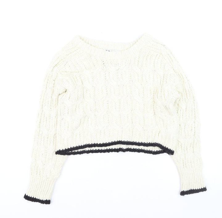 Zara Women Ivory Cable-Knit Crew Neck Jumper Size 8