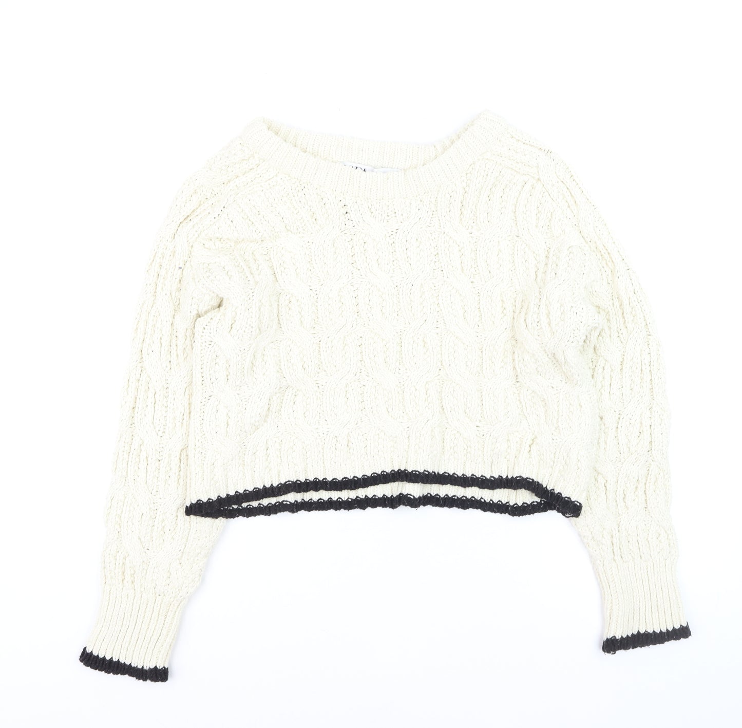 Zara Women Ivory Cable-Knit Crew Neck Jumper Size 8