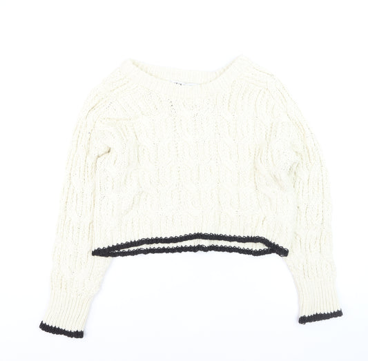 Zara Women Ivory Cable-Knit Crew Neck Jumper Size 8