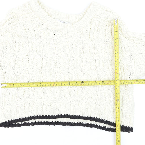 Zara Women Ivory Cable-Knit Crew Neck Jumper Size 8