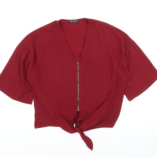 Select Women Red Cropped Zip Front V-Neck Blouse UK 8