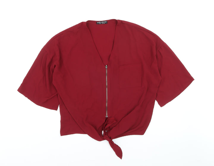 Select Women Red Cropped Zip Front V-Neck Blouse UK 8