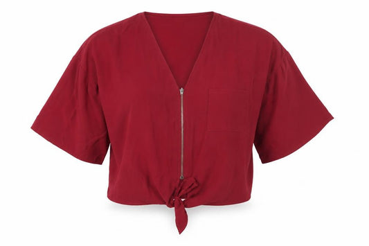 Front view of Select Women Red Cropped Zip Front V-Neck Blouse UK 8