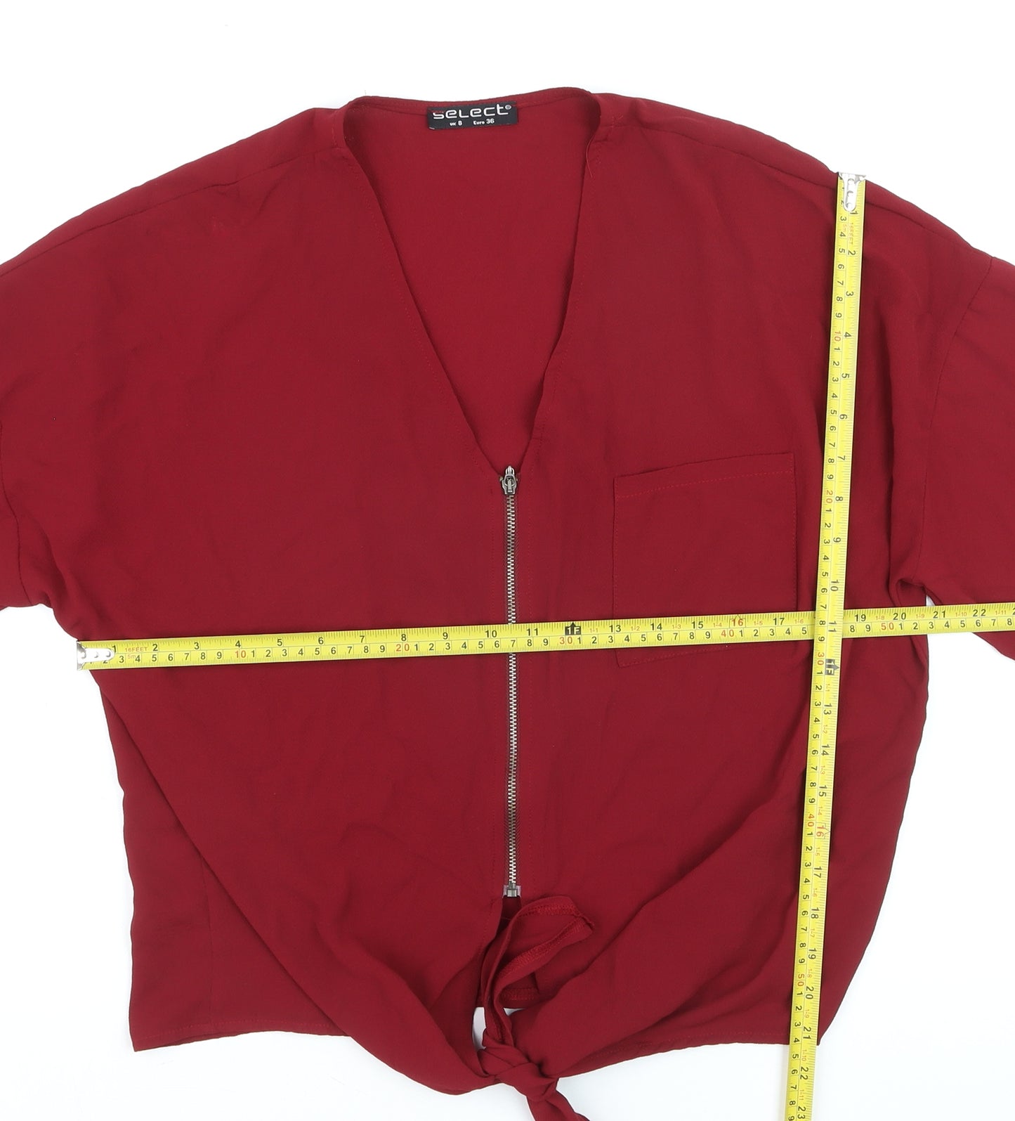 Select Women Red Cropped Zip Front V-Neck Blouse UK 8