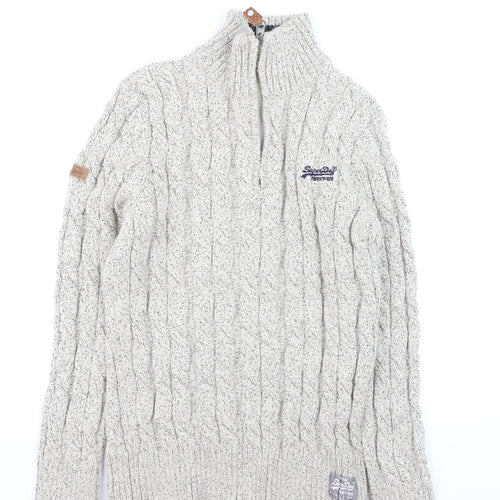 Superdry Men’s Beige Cable Knit 1/4 Zip Jumper L High Neck