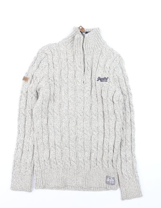 Superdry Men’s Beige Cable Knit 1/4 Zip Jumper L High Neck