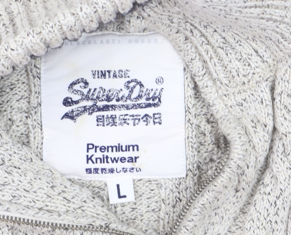 Superdry Men’s Beige Cable Knit 1/4 Zip Jumper L High Neck