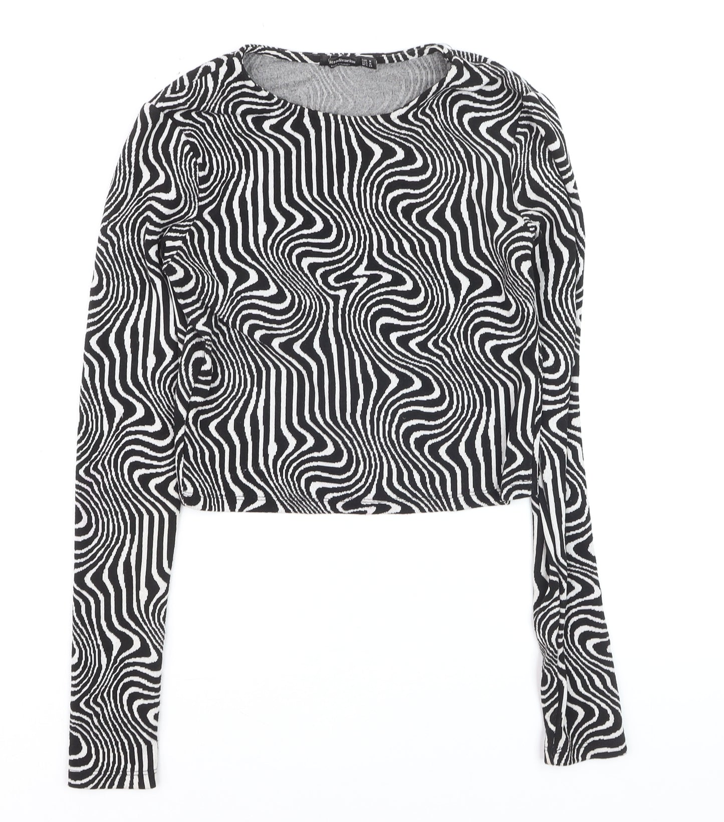 Stradivarius Womens Black Geometric Cropped Long Sleeve Top Size 12