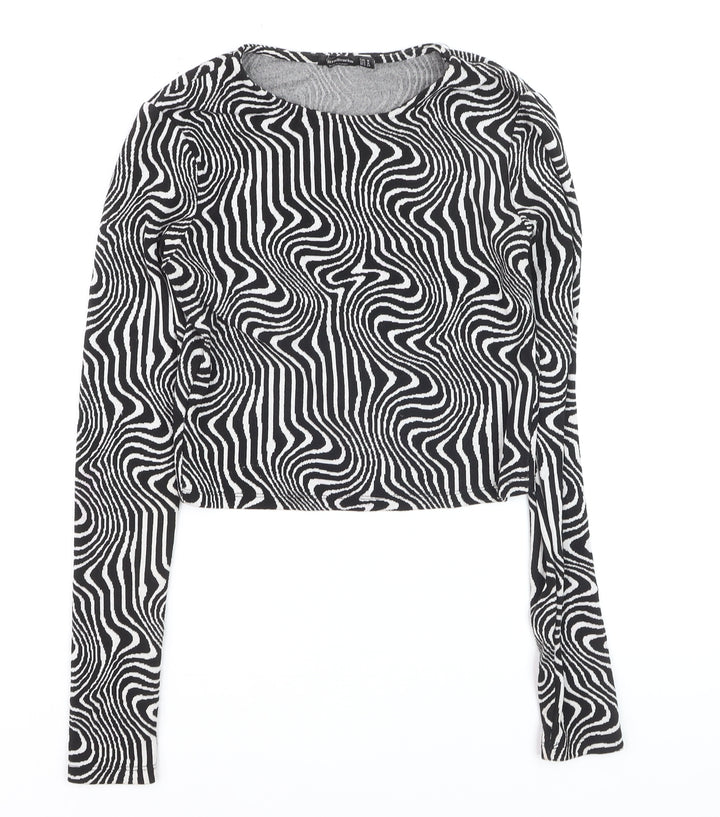 Stradivarius Womens Black Geometric Cropped Long Sleeve Top Size 12