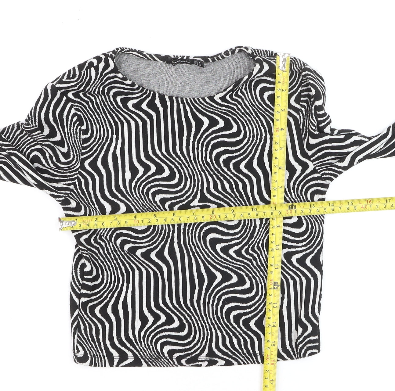 Stradivarius Womens Black Geometric Cropped Long Sleeve Top Size 12
