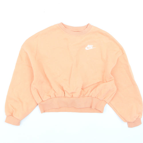 Nike Girls Orange Fleece Pullover Sweatshirt M Logo Crew Neck