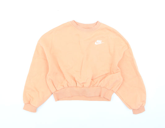 Nike Girls Orange Fleece Pullover Sweatshirt M Logo Crew Neck