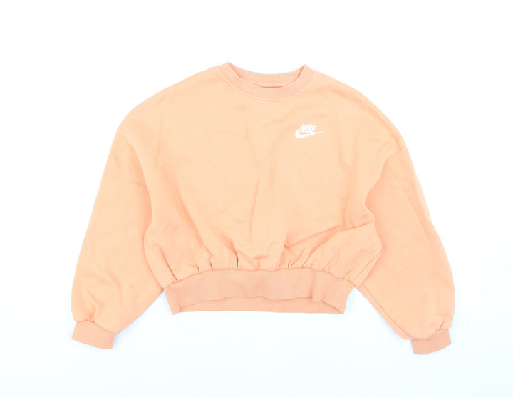 Nike Girls Orange Fleece Pullover Sweatshirt M Logo Crew Neck