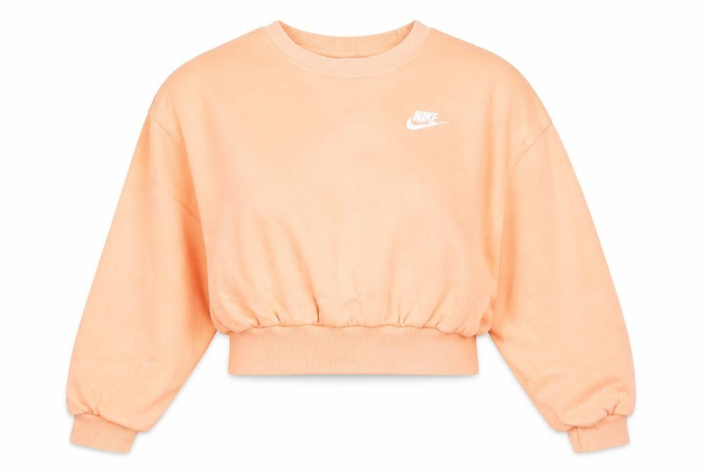Front view of Nike girls’ orange fleece pullover sweatshirt m logo crew neck
