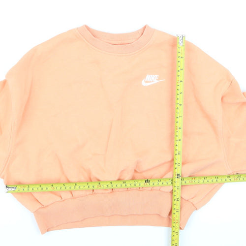 Nike Girls Orange Fleece Pullover Sweatshirt M Logo Crew Neck