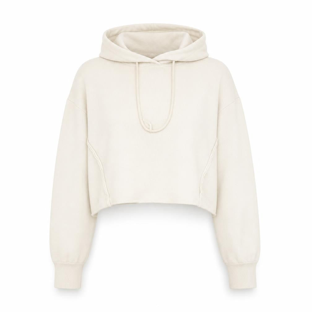 Front view of Bershka Women Beige Knit Pullover Hoodie, size 8, Regular Fit