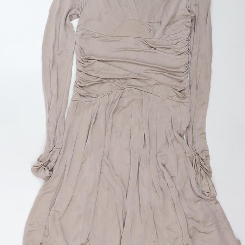 Gallery Women's Beige Fit & Flare Long Sleeve V-Neck Dress Size 14