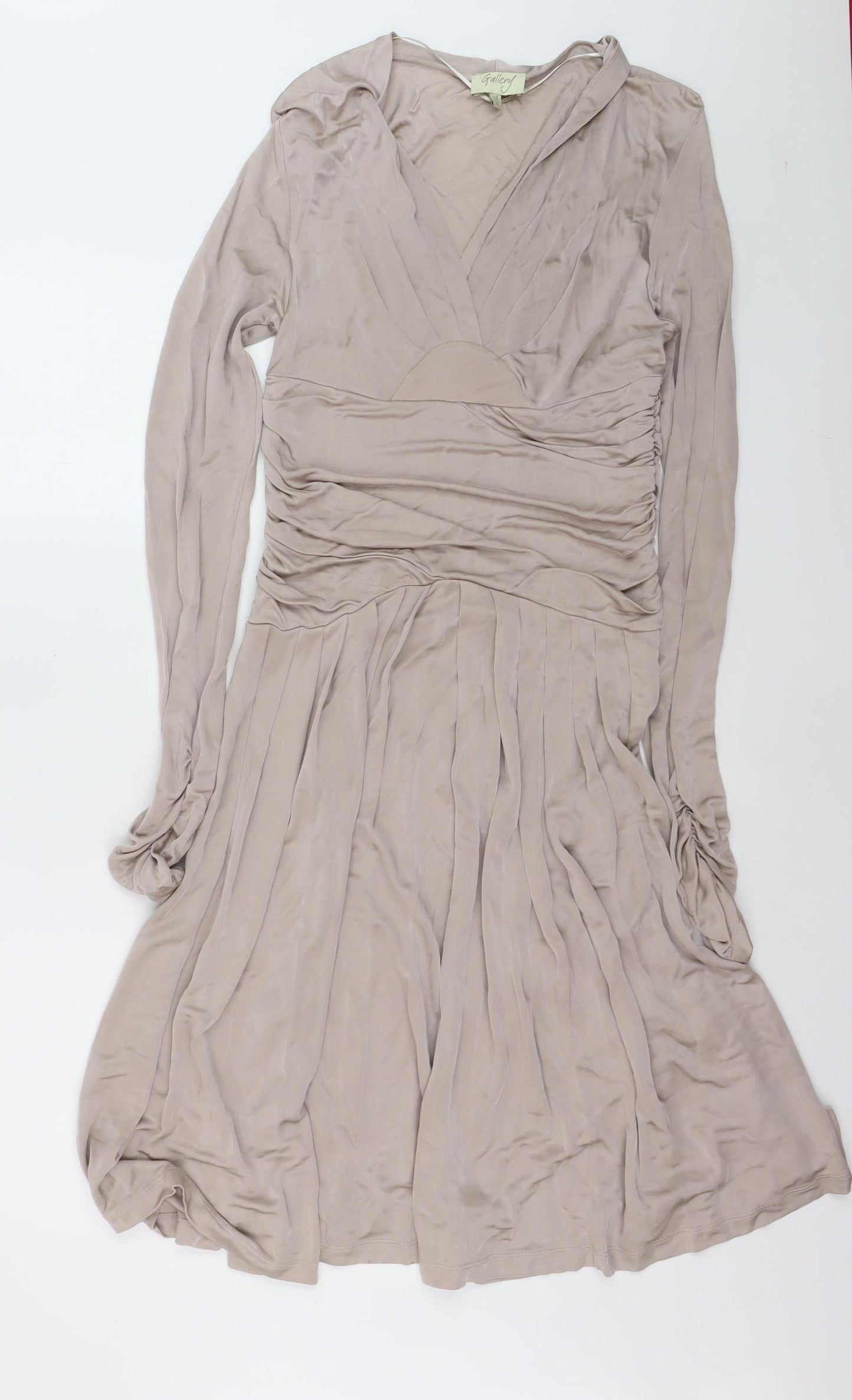 Gallery Women's Beige Fit & Flare Long Sleeve V-Neck Dress Size 14