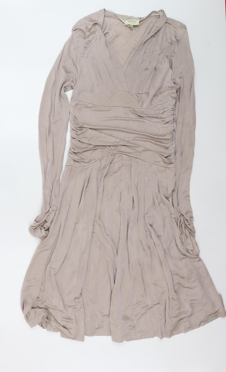 Gallery Women's Beige Fit & Flare Long Sleeve V-Neck Dress Size 14