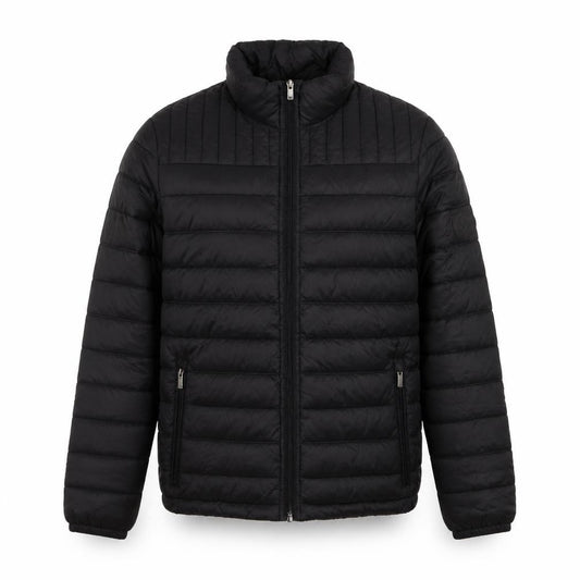 Front view of Firetrap Men's Black Puffer Jacket, size S, Lightweight Full Zip