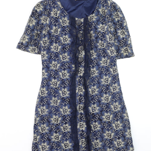 Awear Women Blue Floral Lace Shift Dress Size 14 Short Sleeve