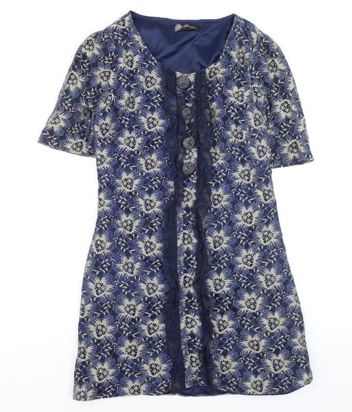 Awear Women Blue Floral Lace Shift Dress Size 14 Short Sleeve