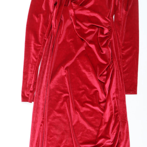 Boohoo Womens Red Velvet Ruched Wrap Dress Size 16 Long Sleeve Party