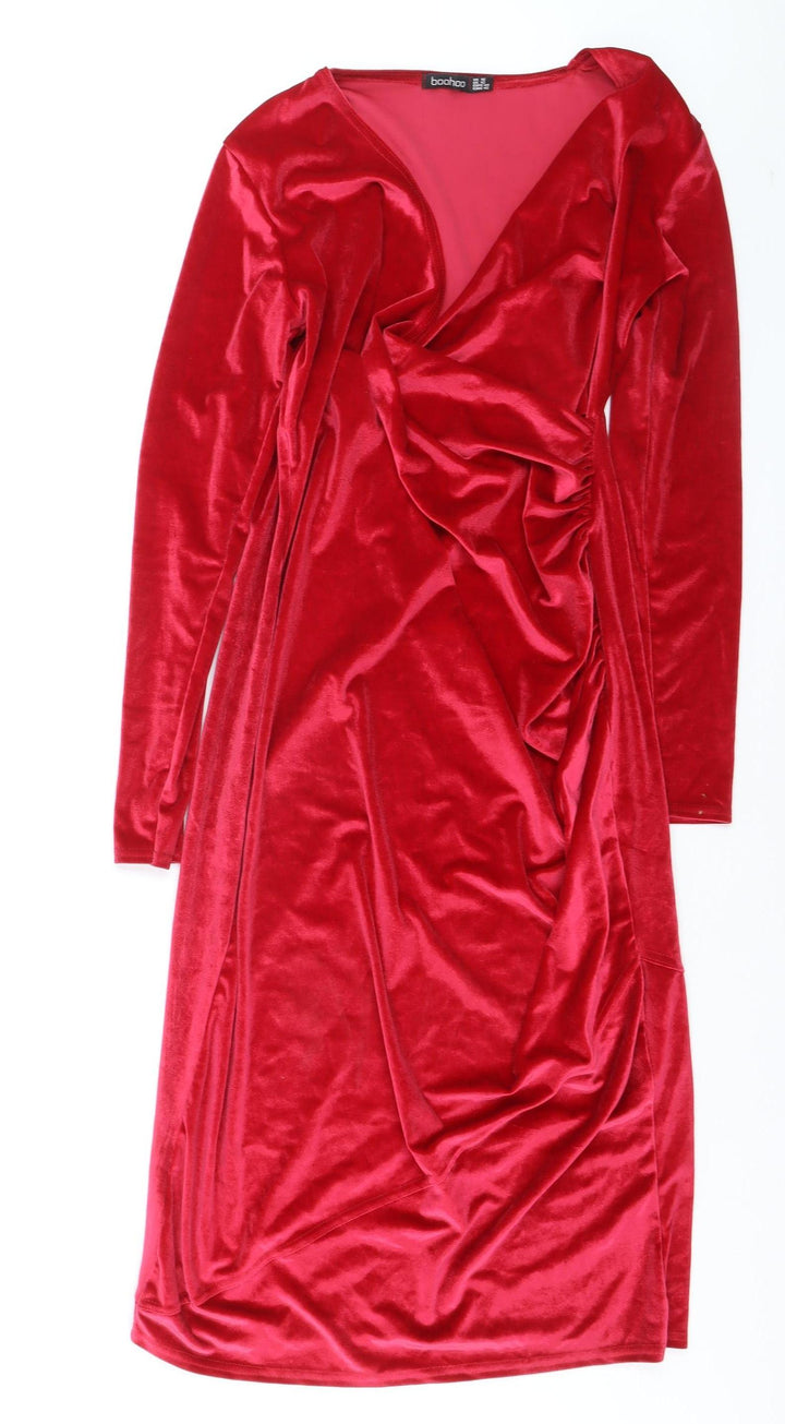 Boohoo Womens Red Velvet Ruched Wrap Dress Size 16 Long Sleeve Party