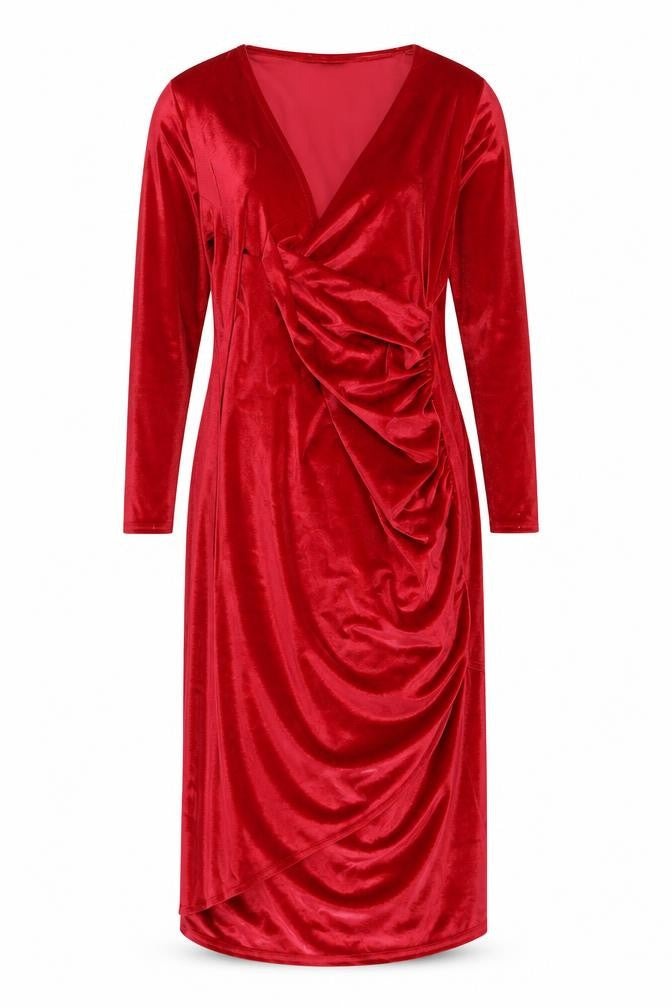 Boohoo Womens Red Velvet Ruched Wrap Dress Size 16 Long Sleeve Party