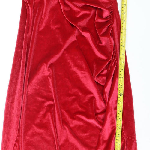 Boohoo Womens Red Velvet Ruched Wrap Dress Size 16 Long Sleeve Party