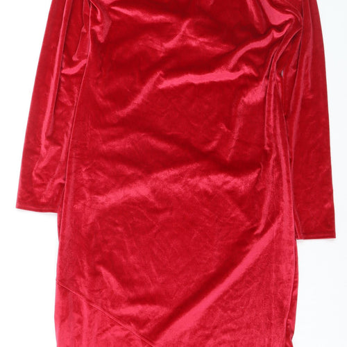 Boohoo Womens Red Velvet Ruched Wrap Dress Size 16 Long Sleeve Party