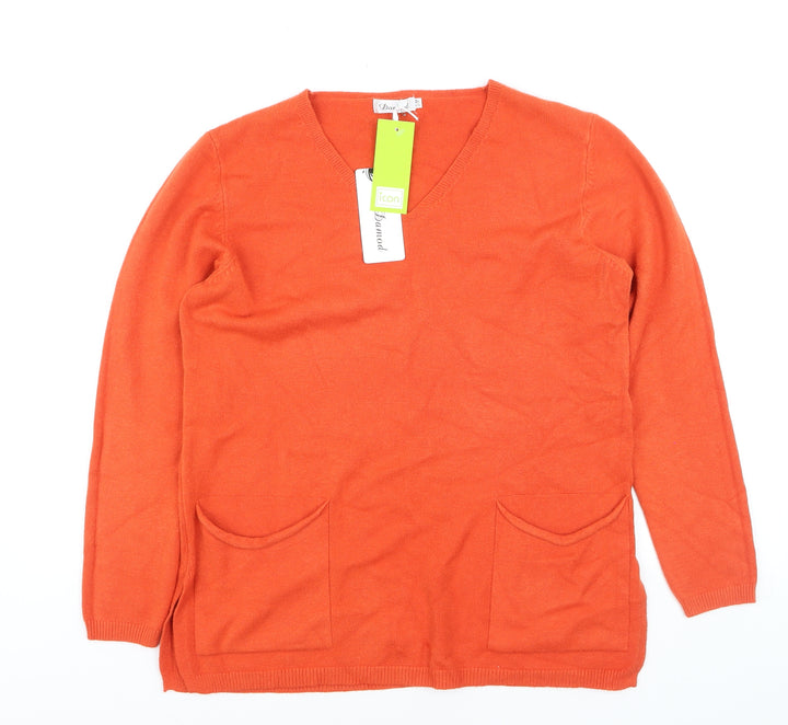 Damod Women's Orange V-Neck Long Sleeve Pullover Jumper S