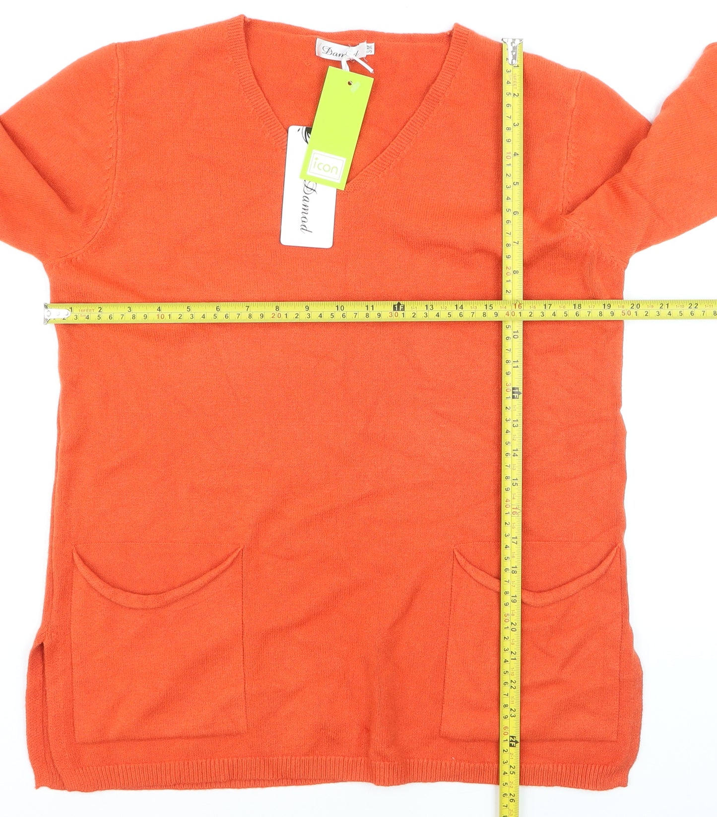 Damod Women's Orange V-Neck Long Sleeve Pullover Jumper S