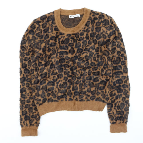 ZARA Women Brown Leopard Print Fuzzy Knit Jumper Size 12