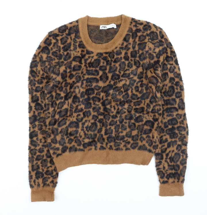 ZARA Women Brown Leopard Print Fuzzy Knit Jumper Size 12