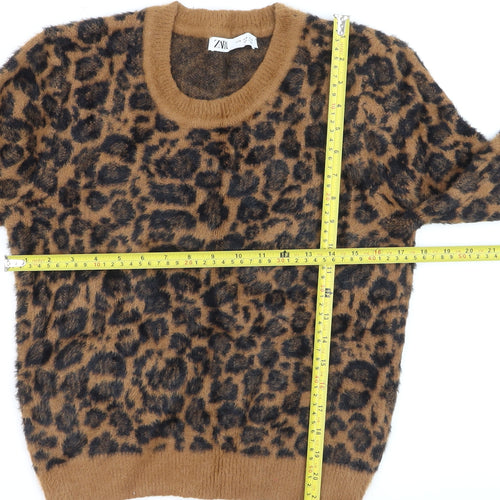 ZARA Women Brown Leopard Print Fuzzy Knit Jumper Size 12