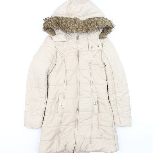 Dunnes Stores Teens Beige Long Puffer Coat Hooded Faux Fur Trim Size 8