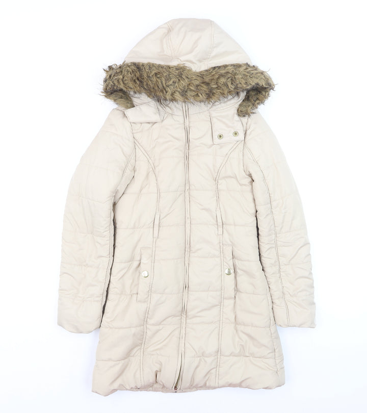 Dunnes Stores Teens Beige Long Puffer Coat Hooded Faux Fur Trim Size 8