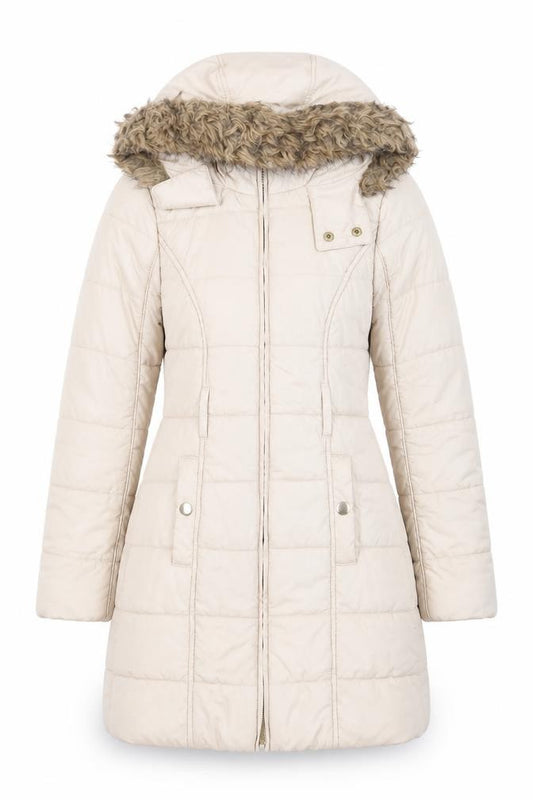 Front view of Dunnes Teens Beige Long Puffer Coat Hooded Faux Fur Trim, size 8