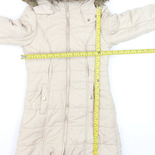 Dunnes Stores Teens Beige Long Puffer Coat Hooded Faux Fur Trim Size 8